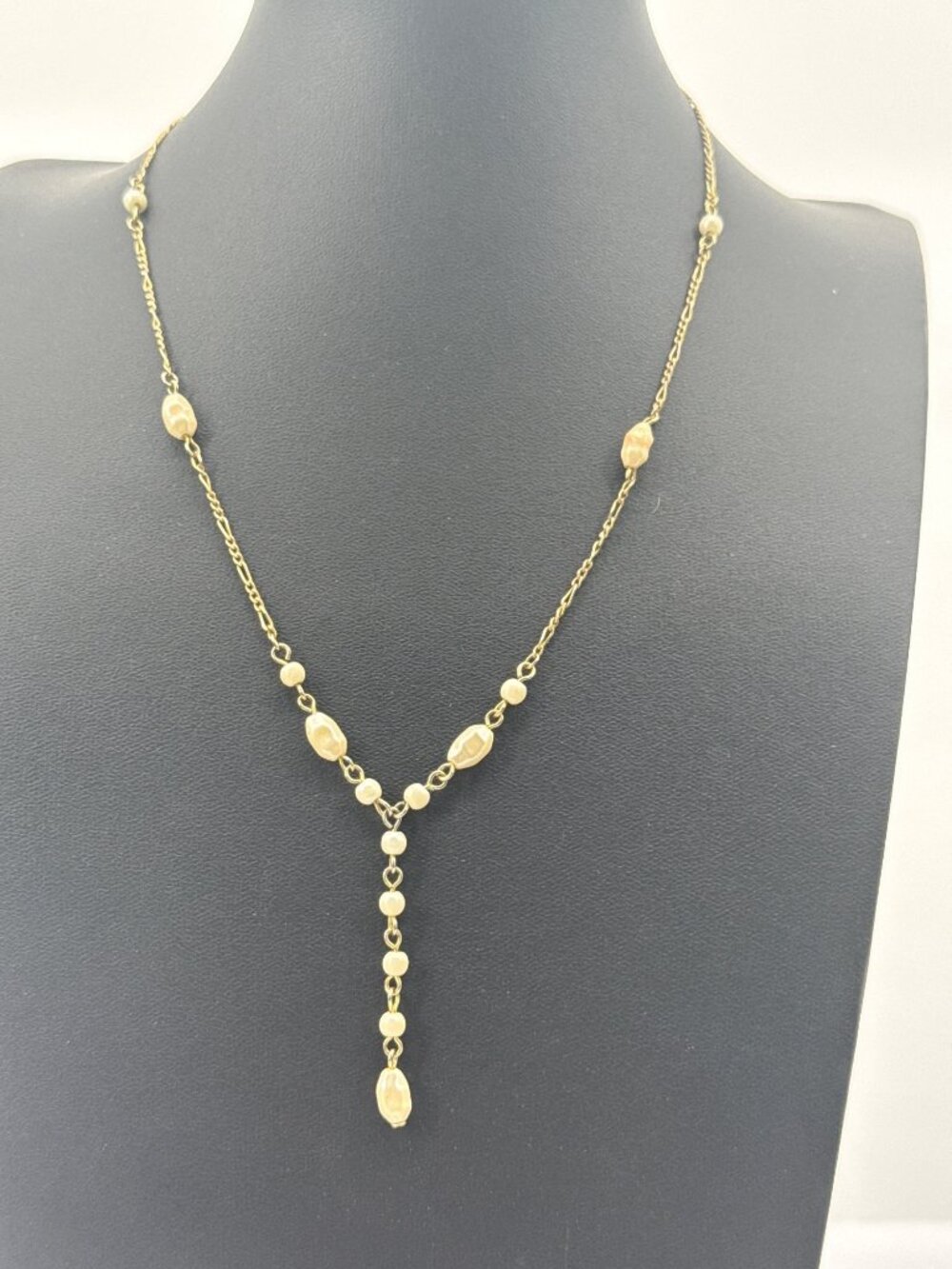 Vintage Gold Tone Faux Pearl Y Lariat Necklace Boho Coquette Drop Dainty